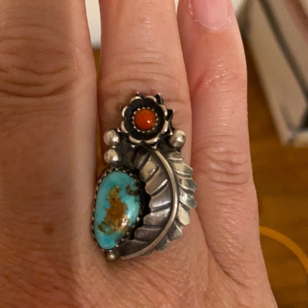 Vintage coral and turquoise ring 5.75